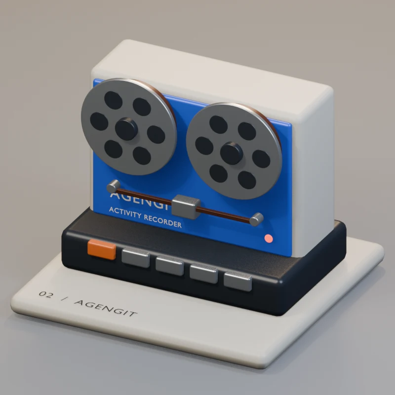 AgenGit, imagined as a blue reel-to-reel recorder with aluminium reels and a recording light in Blender