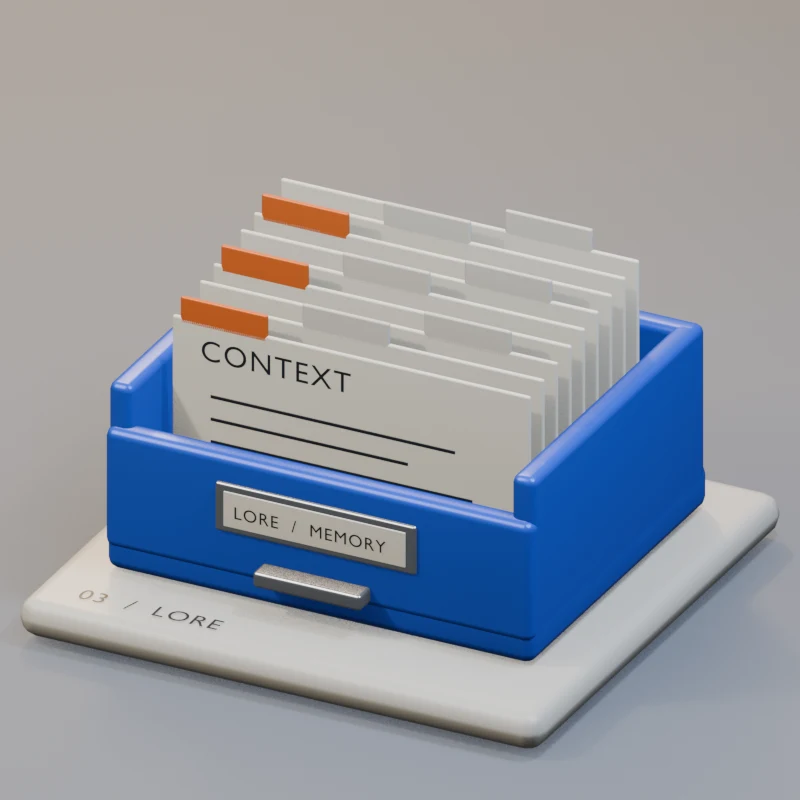 Lore, imagined as a blue archive drawer filled with tabbed index cards in Blender