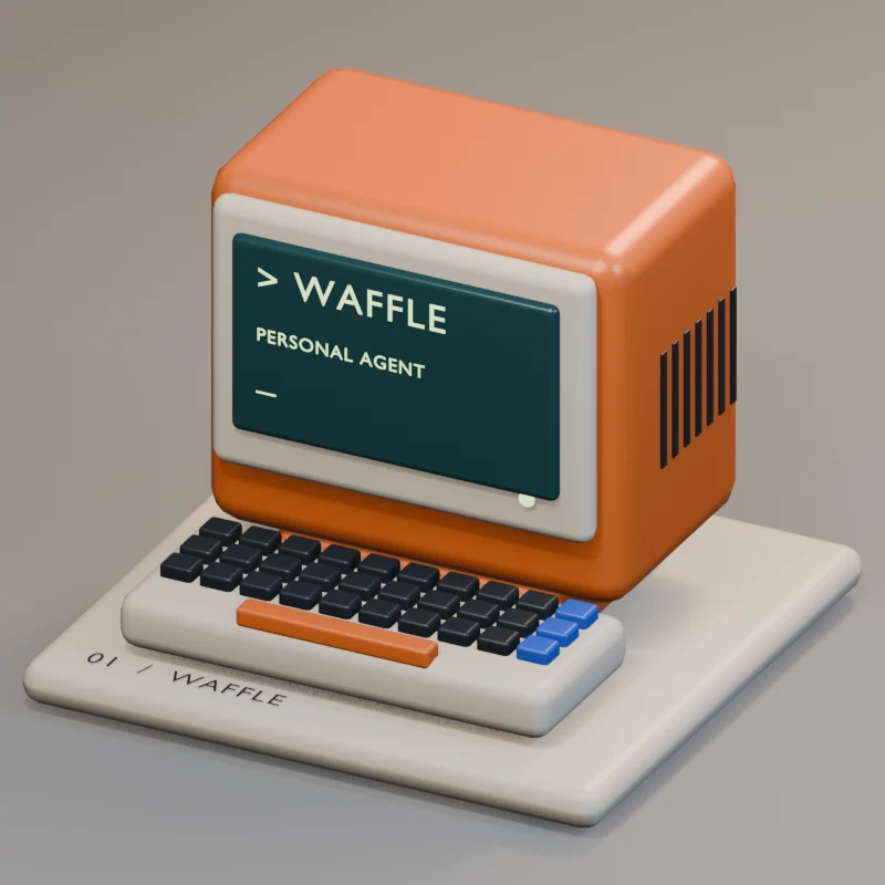 Waffle, imagined as a small orange terminal with a keyboard and green screen in Blender